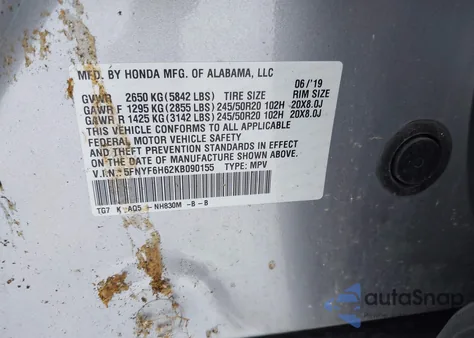 2019 Honda Pilot Touring z USA, uszkodzony, nr VIN 5FNYF6H62KB090155